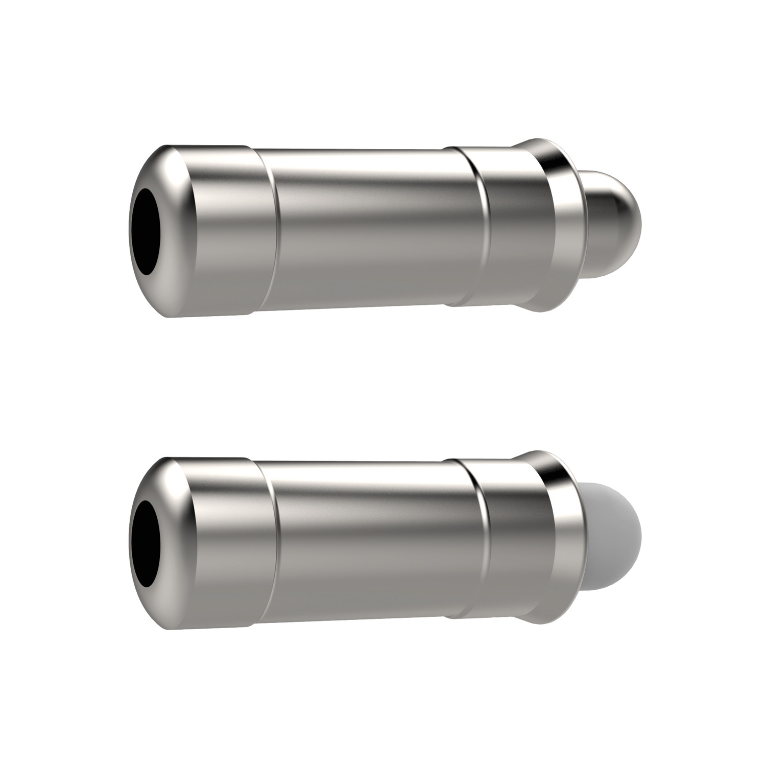 sideways view of two silver coloured spring plungers with pin end